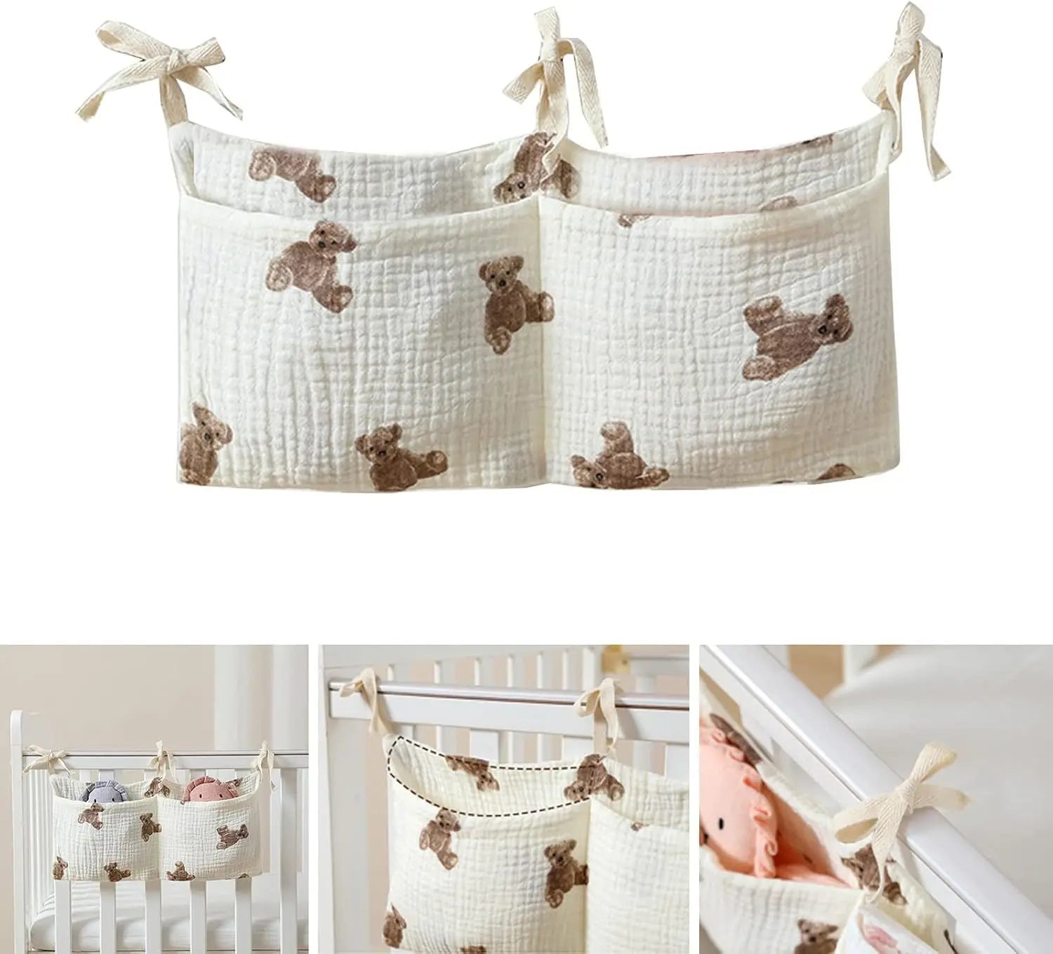 Baby Crib Organizer Cot Caddy Bed Storage Bag 2 Pockets Bedside Hanging Diaper Nursery Toys Bag Diapers Stroller Organize