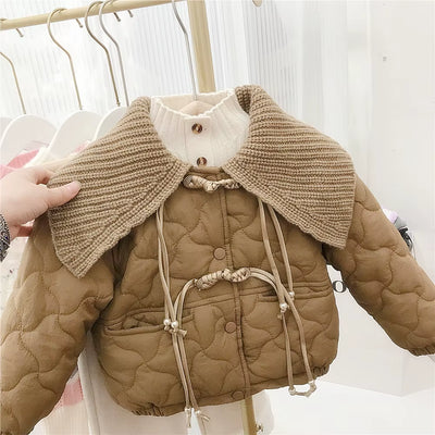 Girls' Flannel Cotton Coat Autumn and Winter Styles, Children'S Retro Buckle Korean Version Yarn Collar Cotton Clothing Trend
