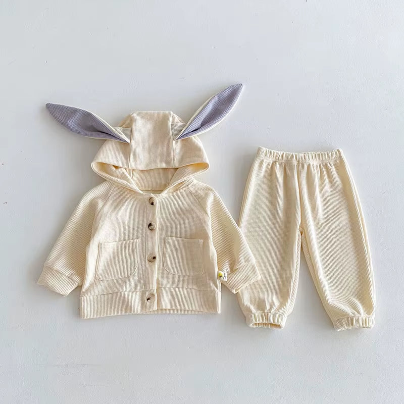 New Spring Kids Clothes Set Girls Cute Waffle Rabbit Ear Hooded Jacket +Pants Baby Sports Suit 2PCS
