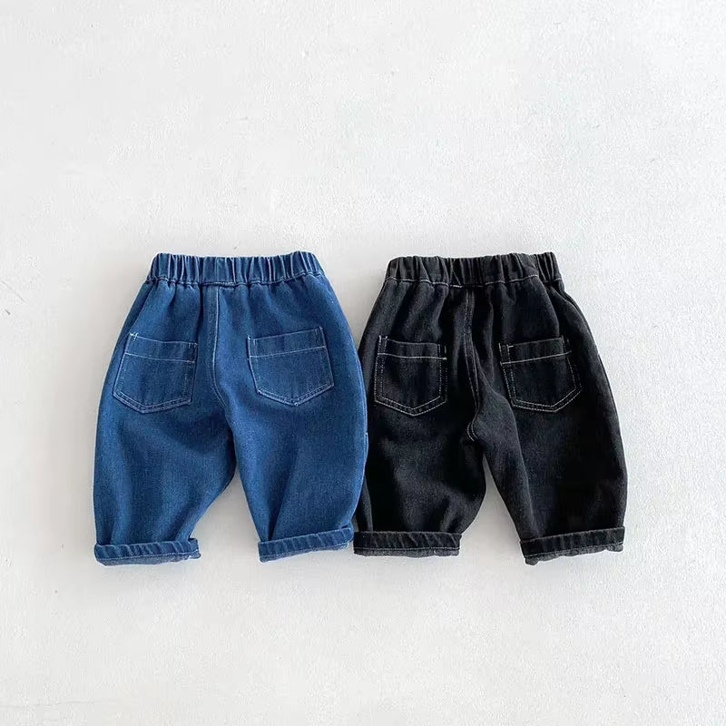 New Autumn Kids Jeans 9M-5T Children Girls Solid Color Denim Blue Pants Baby Boys Cute Casual Trousers