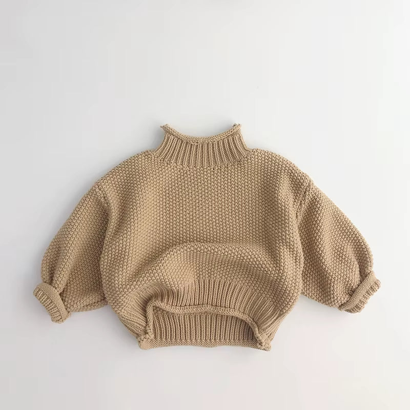 Winter Korean Style Kids Sweater Vintage Boys Knitwear Solid Turtleneck Girls Sweaters Coat