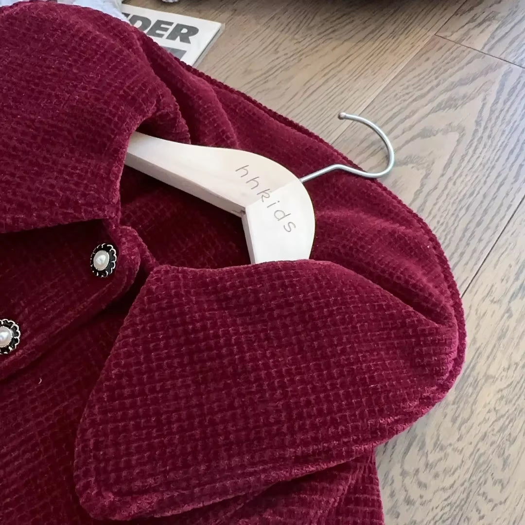 Girls Set Red New Year Dress Set New Baby Cotton Clip Thickened Women Treasure Coat Top Autumn/Winter Plush Skirt Two Piece Set