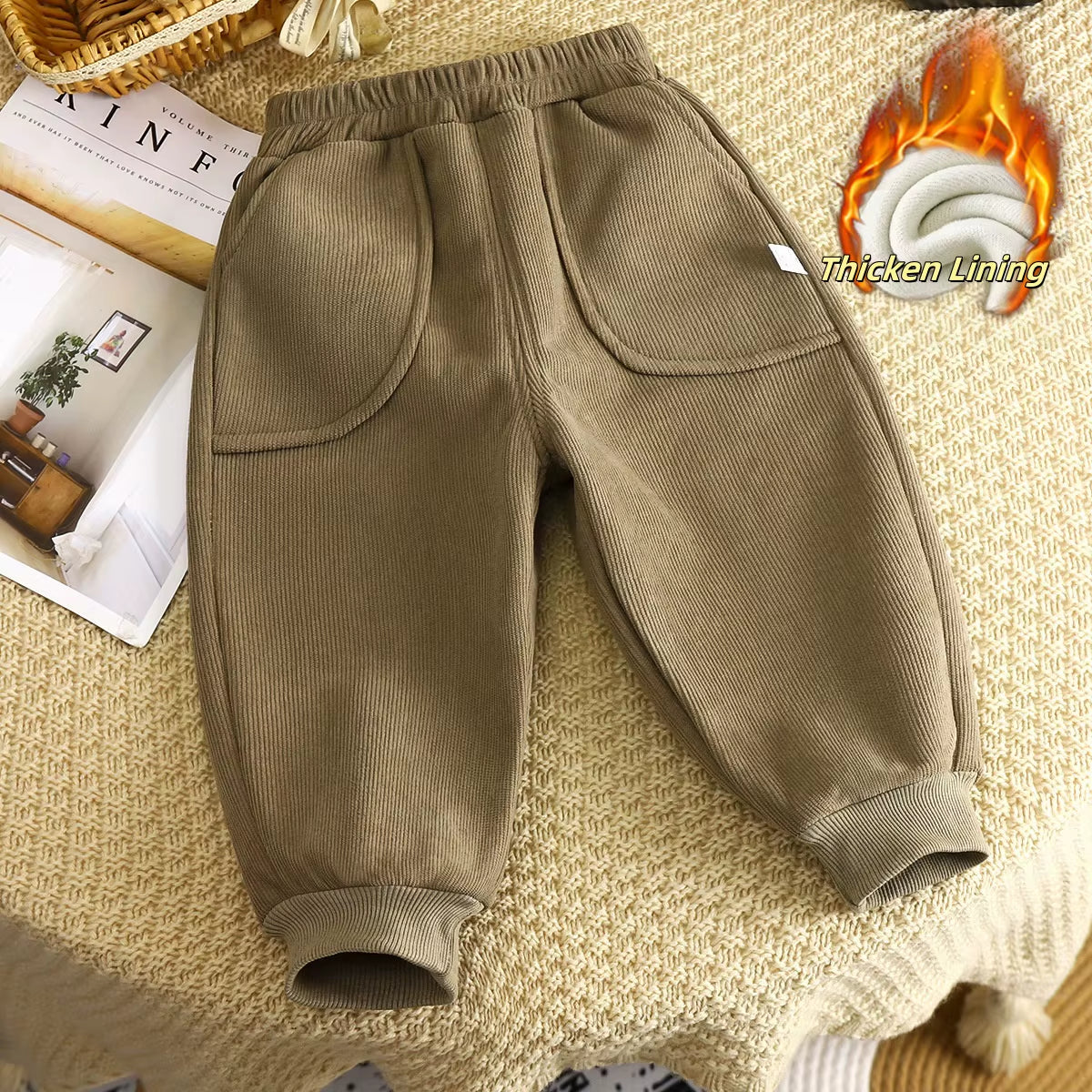 Winter Kids Sweatpants 1-8T Solid Color Thicken Girls Trousers Loose Boys Leisure Pants Korean Children Fleece Trousers