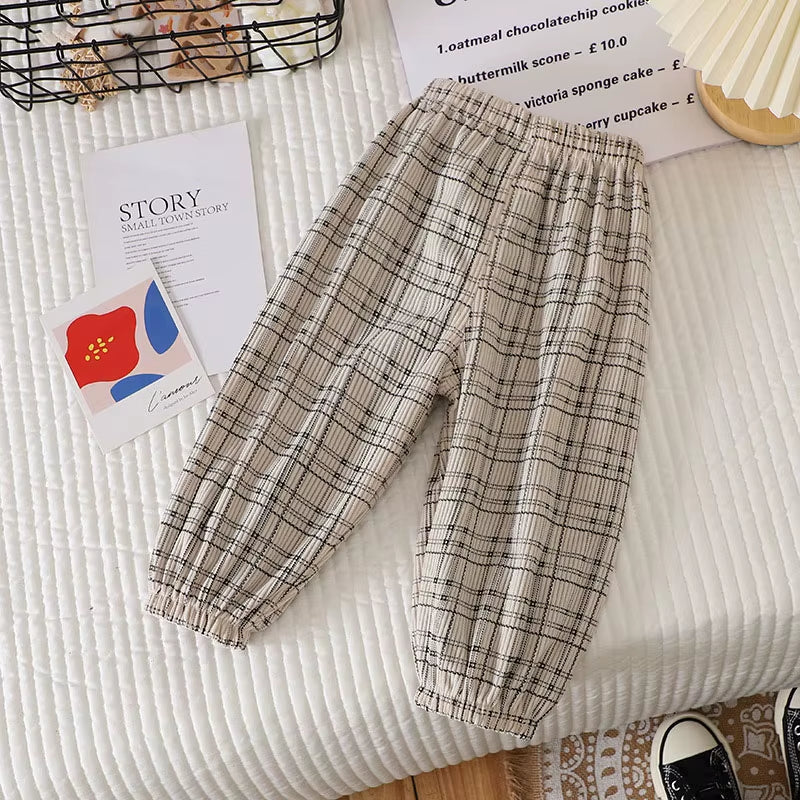 New Summer Kids Casual Pants 1-6Y Simple Boys Grid Sweat Pants Korean Loose Thin Children Striped Letter Trousers