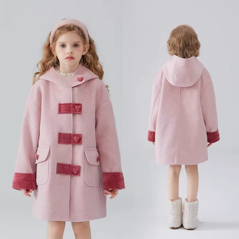 2025 New High-End Contrasting Color Girls Woolen Coat Autumn and Winter Thick Children Cotton Hooded Jacket