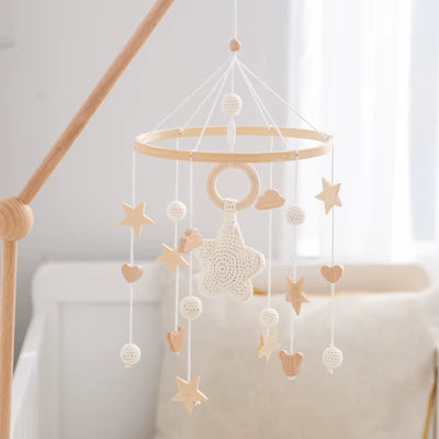 Baby Crib Mobile Bed Bell Rattle Toys Wooden Crochet Stars Pendant Bed Bell Toys Newborn Comfort Crib Bracket Hanging Toys Gifts