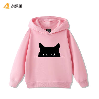 Fashion Simple Cat Print Boys Girls Casual Cute Sweatshirt Children'S Autumn and Winter Comfortable Warm Hooded Sweatshirt