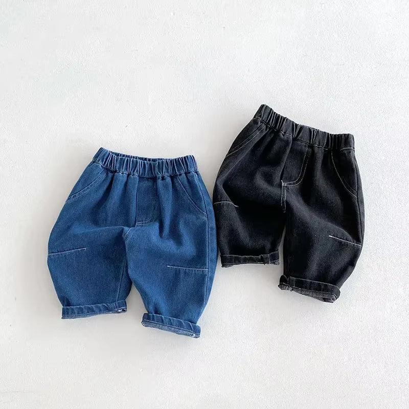 New Autumn Kids Jeans 9M-5T Children Girls Solid Color Denim Blue Pants Baby Boys Cute Casual Trousers