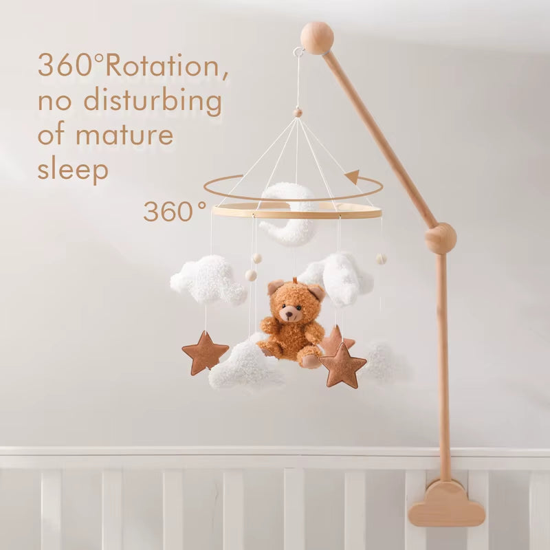 Baby Crib Mobile Rattle Toy Wooden Bed Bell Mobile Hanging Teddy Velvet Bear Doll Toy Newborn Music Box Crib Mobile Bracket Gift