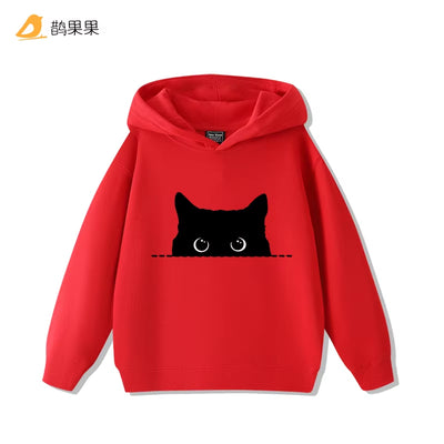 Fashion Simple Cat Print Boys Girls Casual Cute Sweatshirt Children'S Autumn and Winter Comfortable Warm Hooded Sweatshirt
