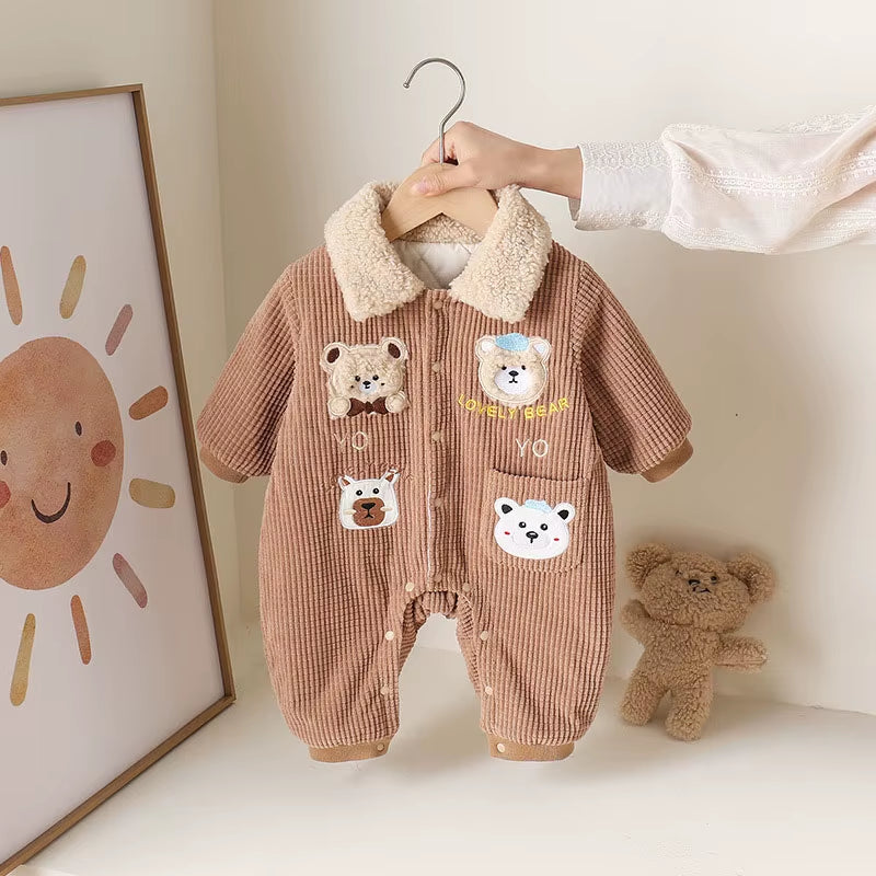 New Winter Baby Rompers 0-15M Cartoon Bear Thicken Infant Girls Jumpsuit Korean Loose Toddler Fleece Padded Clothes