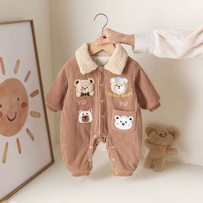 New Winter Baby Rompers 0-15M Cartoon Bear Thicken Infant Girls Jumpsuit Korean Loose Toddler Fleece Padded Clothes