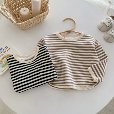 New 2024 Autumn Children'S Hoodies 1-5Y Boys Casual Striped Pullover Girls Loose O-Neck Sweatshirt Base Top