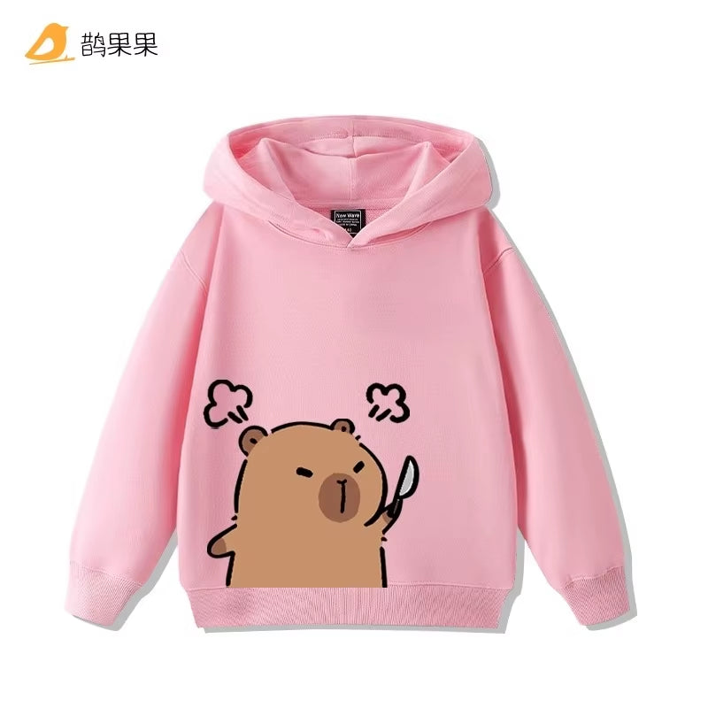 Children'S Cartoon Fun Capybara Print Casual Hooded Sweatshirt Boys Girls Fall and Winter Outdoor Comfortable Warm Hoodie
