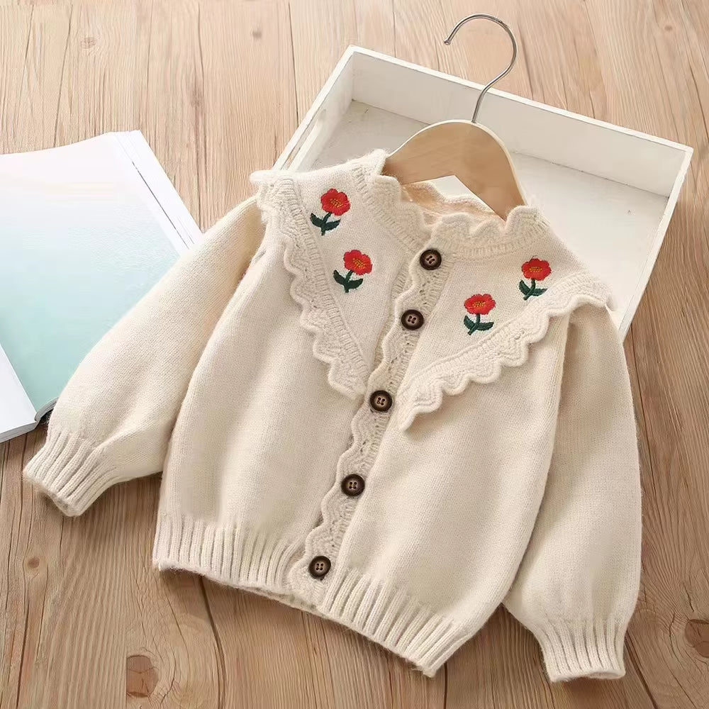 Autumn Children Girls Sweater Loose Solid Single Breasted Infant Babys Girls Knitwear Floral Embroidery Toddler Girls Cardigan