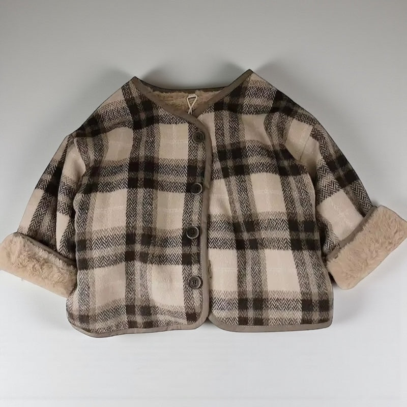 Korean Kids' Woolen Plaid Plush Coat – Autumn/Winter