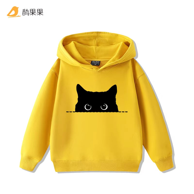 Fashion Simple Cat Print Boys Girls Casual Cute Sweatshirt Children'S Autumn and Winter Comfortable Warm Hooded Sweatshirt