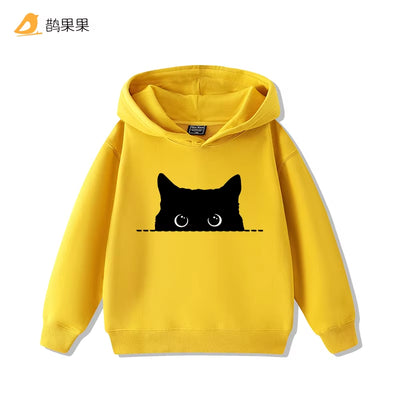 Fashion Simple Cat Print Boys Girls Casual Cute Sweatshirt Children'S Autumn and Winter Comfortable Warm Hooded Sweatshirt