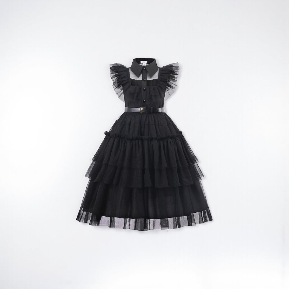 Gothic Kids Black Mesh Fluffy Wednesday Halloween Dress
