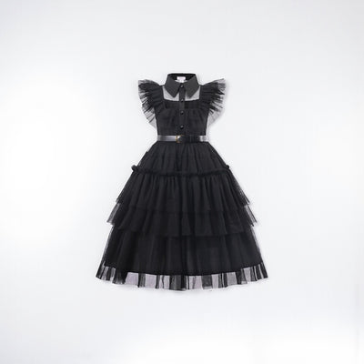 Gothic Kids Black Mesh Fluffy Wednesday Halloween Dress