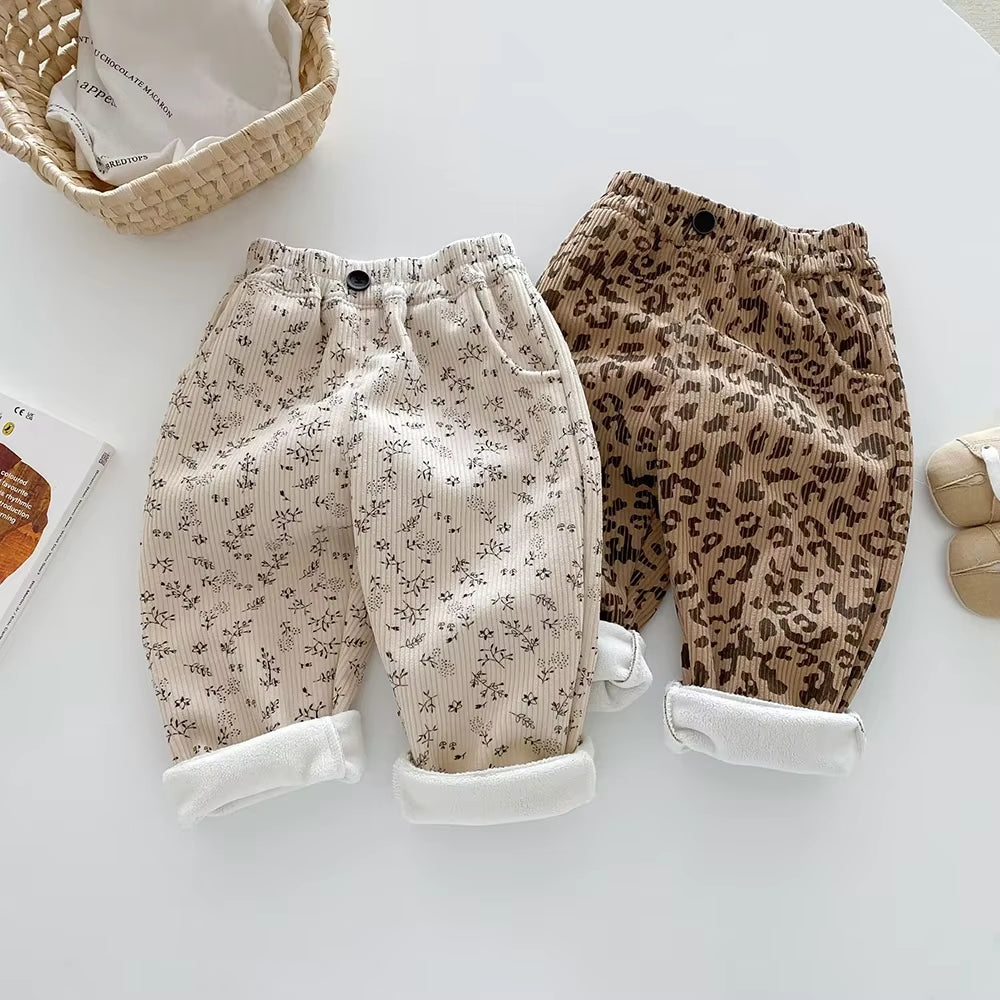 1-5Y Kids Trousers Warm Fur Lining Girls Pants Leopard Print Boys Trousers Fashion Full Length Pants