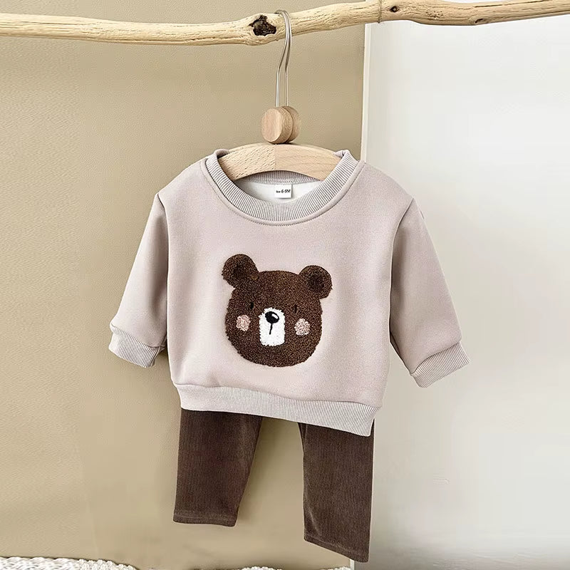 New Autumn Baby Clothes Set 6M-3T Cute Bear Fleece Padded Toddler Girls Hoodie +Pants Infant Leisure Outfit 2PCS