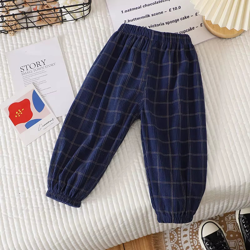 New Summer Kids Casual Pants 1-6Y Simple Boys Grid Sweat Pants Korean Loose Thin Children Striped Letter Trousers