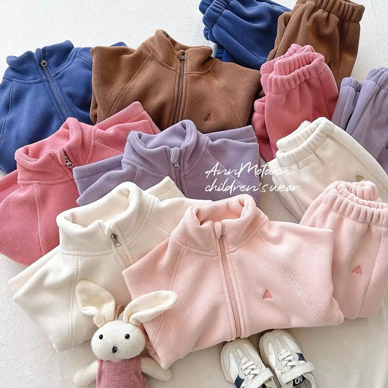 New Autumn Kids Clothes Set 2-7T Solid Color Girls Thicken Jacket+Pants Candy Color Cute Children Outfit 2PCS