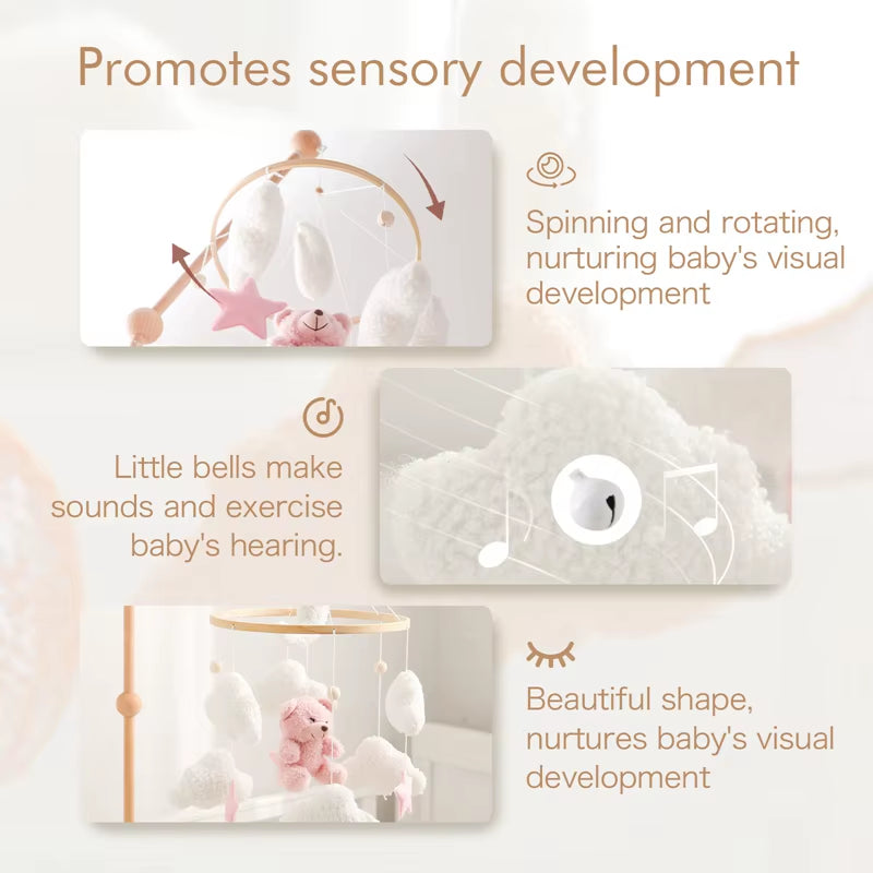 Baby Crib Mobile Rattle Toy 0-12Months Infant Soft Felt Teddy Velvet Pink Bear Bed Bell Hanging Toy Holder Bracket Crib Girl Toy