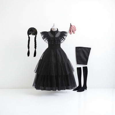Gothic Kids Black Mesh Fluffy Wednesday Halloween Dress