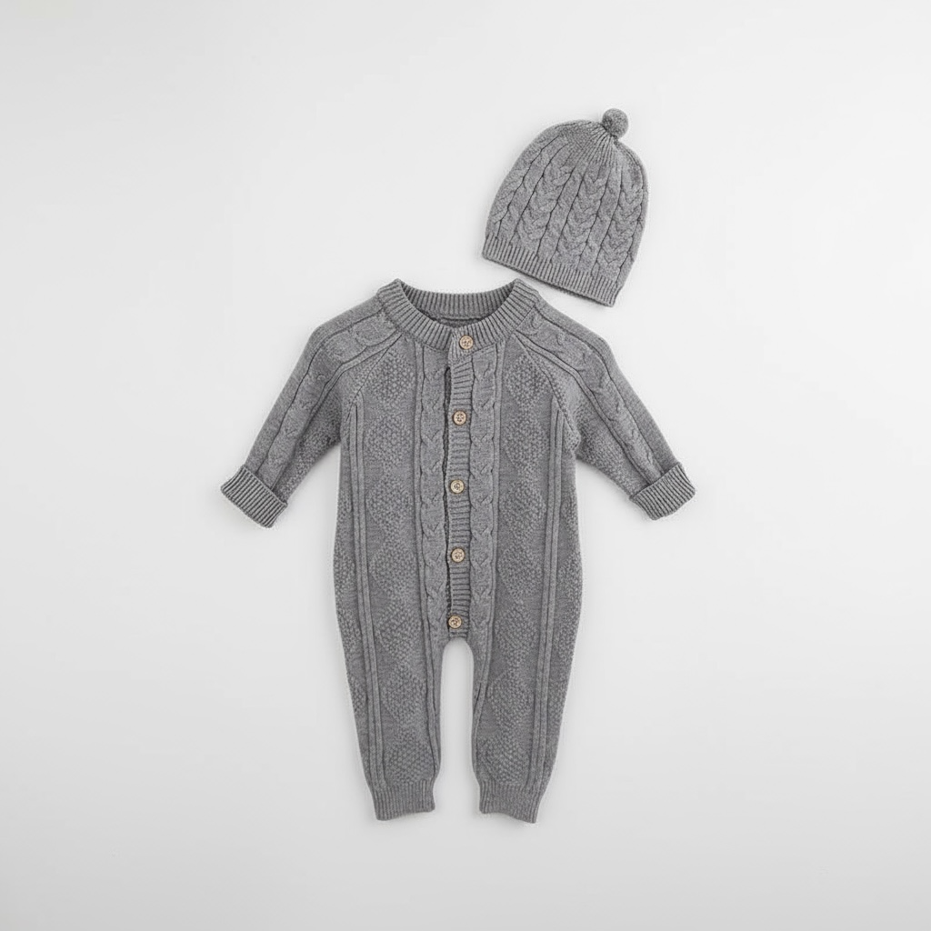 CozyKnit Autumn Jumpsuit & Hat Set for Infants