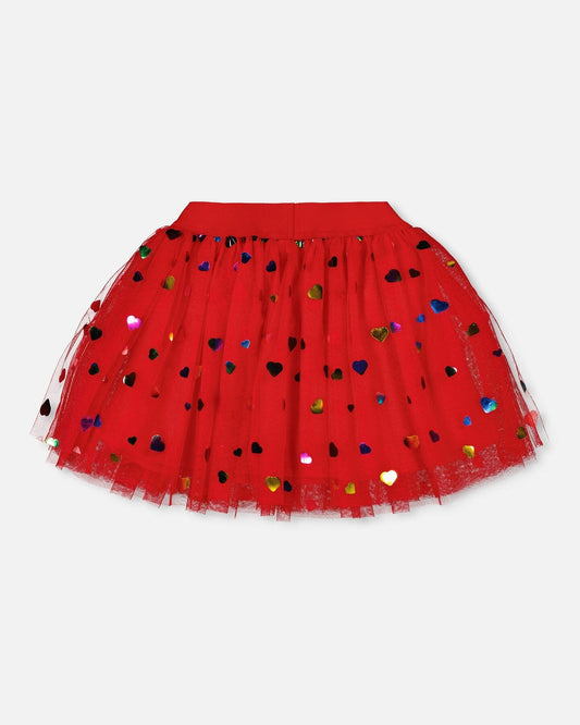Tulle Skirt Red With Iridescent Heart Confettis