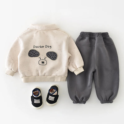 New Winter Baby Clothes Set 6M-3T Thicken Toddler Boys Cartoon Dog Suit Simple Loose Infant Fleece Padded Outfit 2PCS