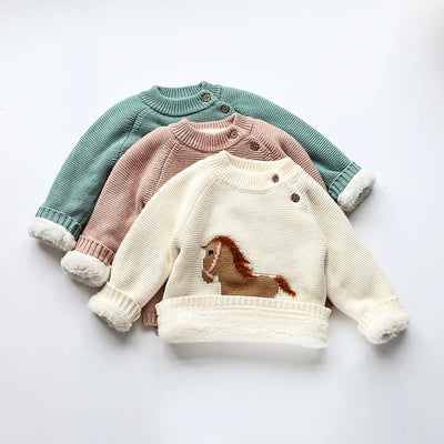 Winter New Cartoon Kids Baby Sweaters Fur Lining Kids Knitwear Fleece Boys Pullover Coat
