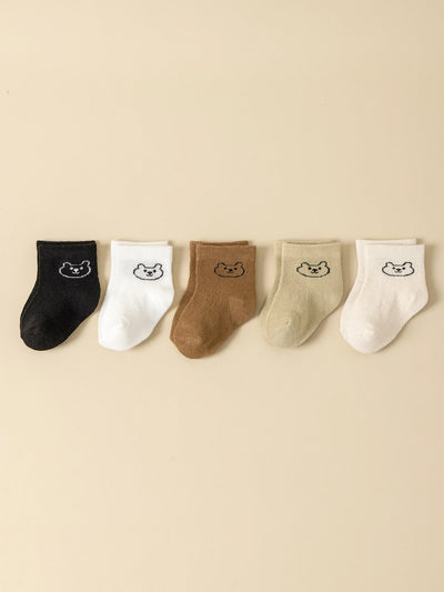5Pairs Baby Socks Infant Cartoon Solid Color Soft and Comfortable White Mid-Calf Socks for Daily Life