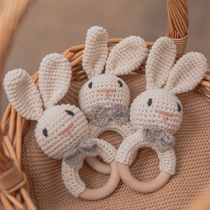 1PC Baby Ratter Toys Wooden Teether Crochet Animals BPA Free Rattle Toy Newborn Amigurumi Teether Baby Rattles Gifts for Newborn