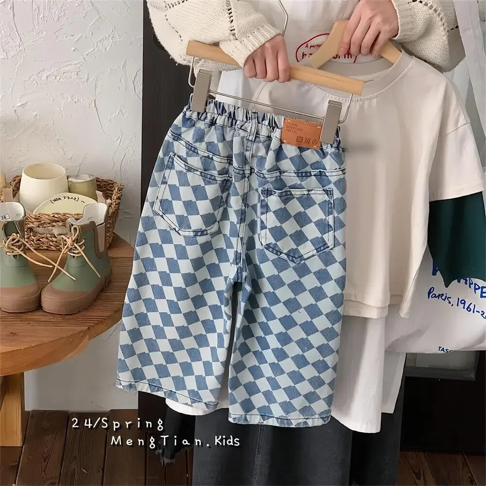 2-7 Y Kids Pants Plaid Boys Trousers Denim Kids Pants Casual Boys Jeans Fashion Kids Full Length Pants