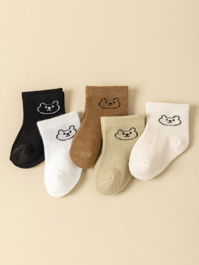 5Pairs Baby Socks Infant Cartoon Solid Color Soft and Comfortable White Mid-Calf Socks for Daily Life
