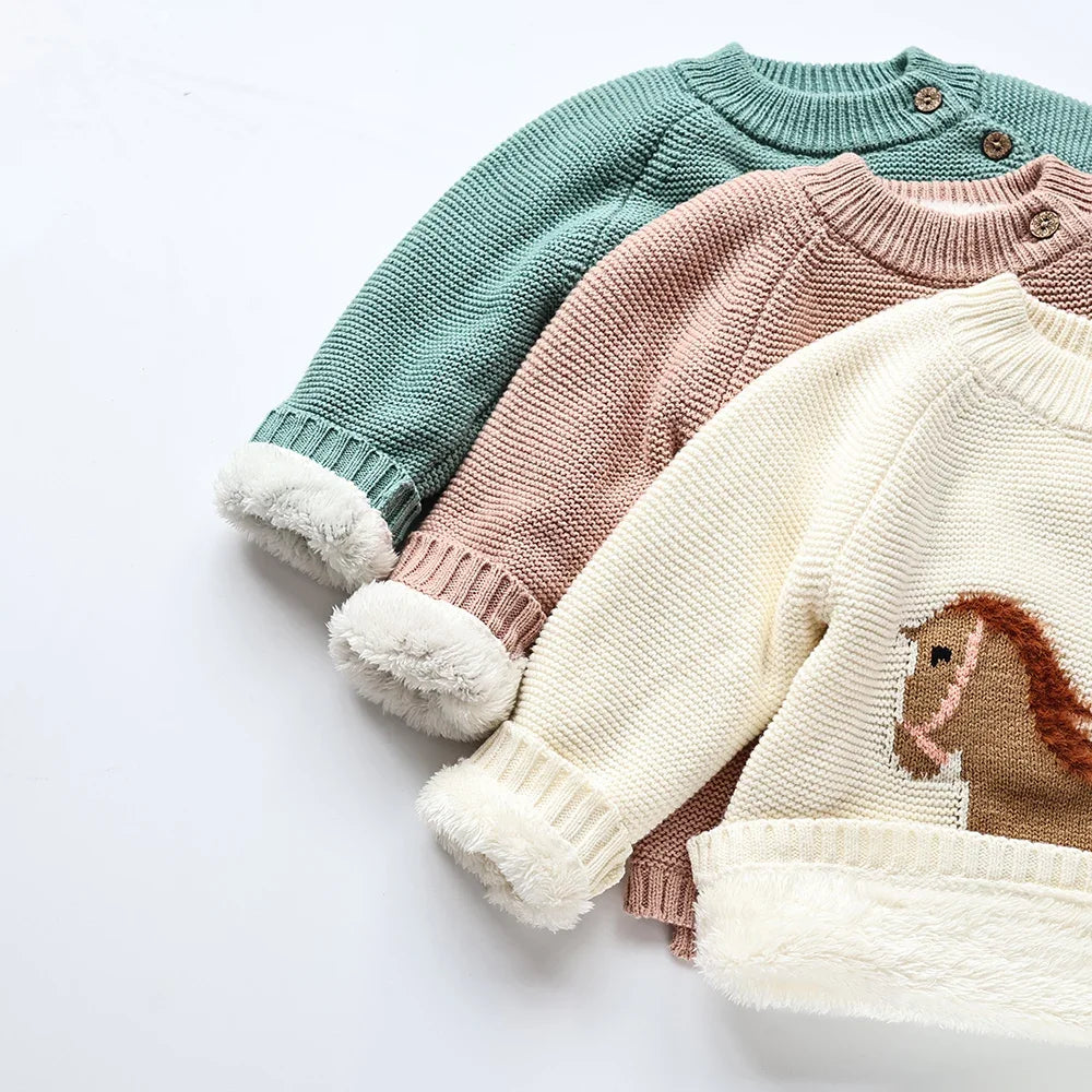 Winter New Cartoon Kids Baby Sweaters Fur Lining Kids Knitwear Fleece Boys Pullover Coat
