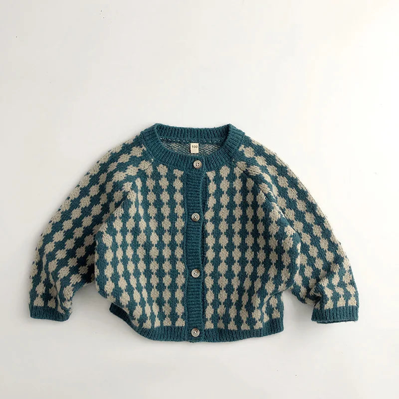 New Kids Sweaters Korean Style Plaid Boys Knit Cardigans Girls Knitwear