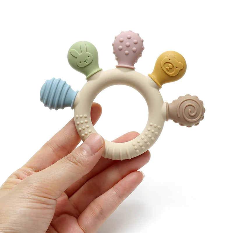 New Hand Multicolor Silicone Baby Ring Teether Anxiety Teething Toys 0-12 Months Chew Beads Sensory Gum Relief Soother Baby
