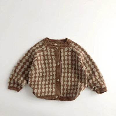 New Kids Sweaters Korean Style Plaid Boys Knit Cardigans Girls Knitwear