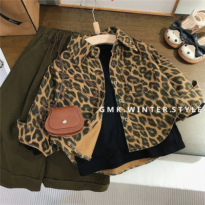 Girls' Leopard Print Retro Shirt Jacket Autumn Style American Children'S Loose Cardigan Shirt Baby Casual Pants