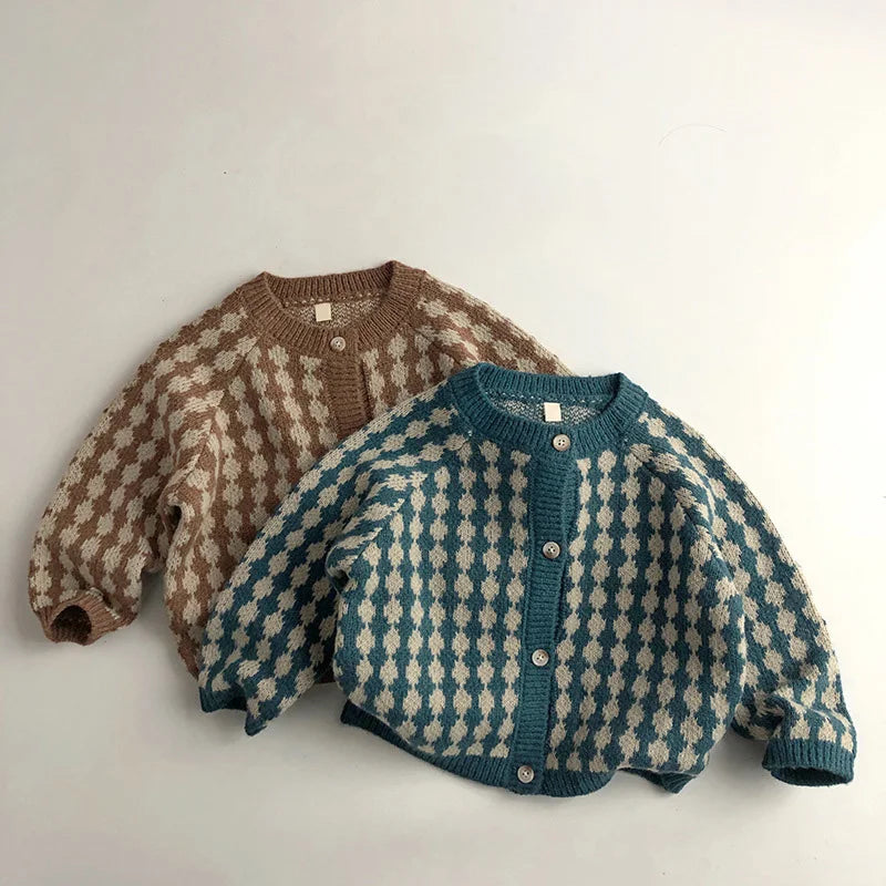 New Kids Sweaters Korean Style Plaid Boys Knit Cardigans Girls Knitwear