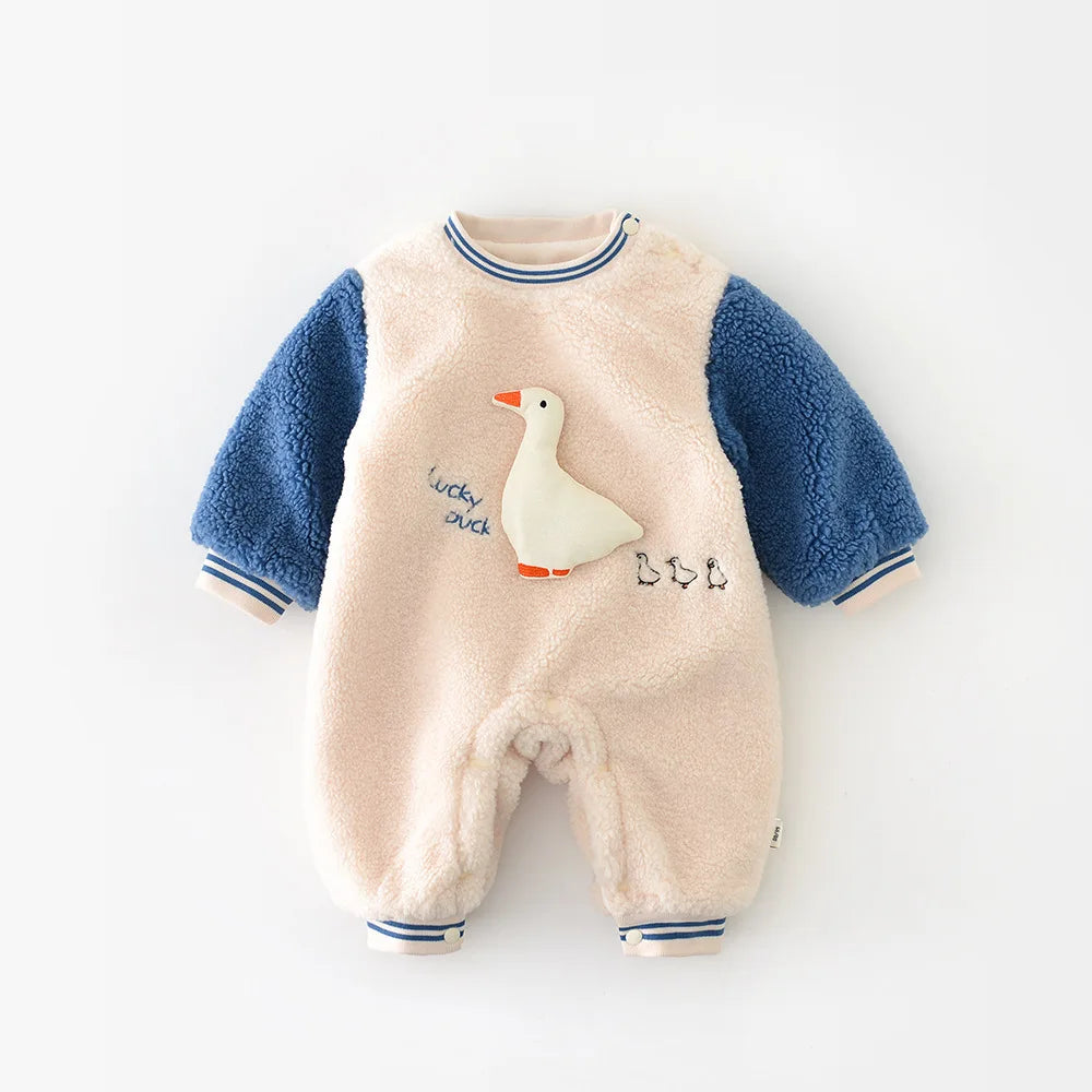 New Winter Baby Rompers 3-24M Cartoon Duck Toddler Girls Thicken Jumpsuit Cute Color Blocking Loose Infant One Piece