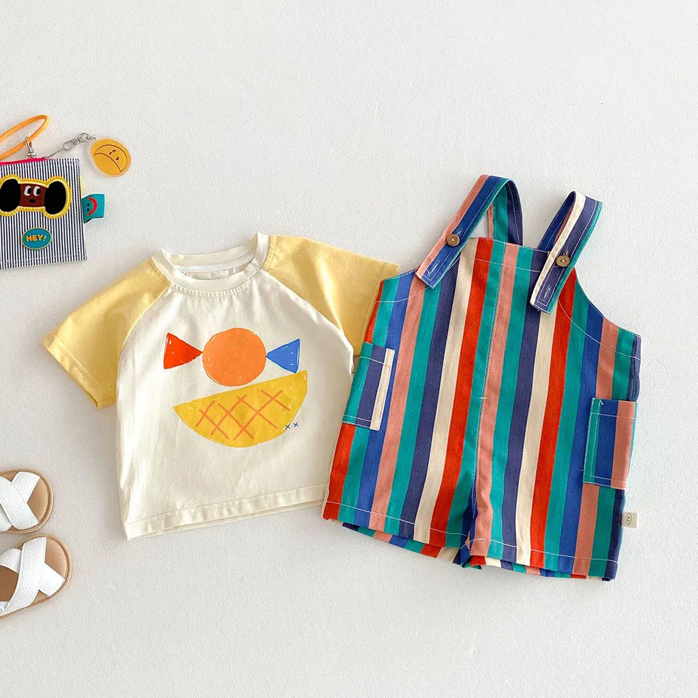 9M-5T Summer Kids Clothes Colorful Striped Overalls Raindrop Print Girls Jumpsuits Kids Outfit