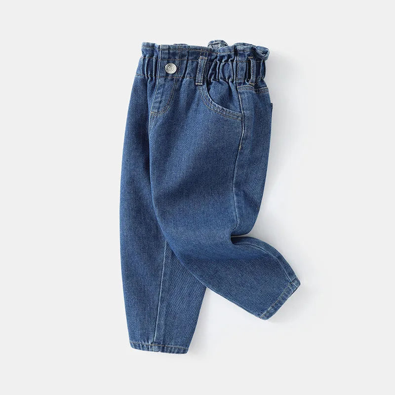 New Spring Kids Jeans Girls Cute Solid Color Denim Blue Pants Children Loose Trousers