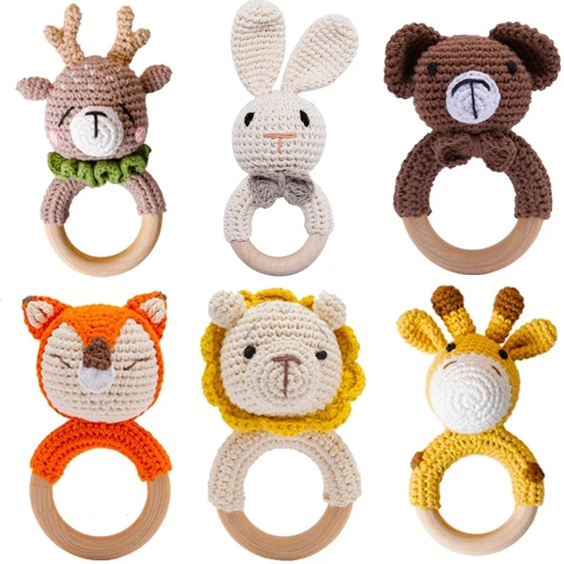 1PC Baby Ratter Toys Wooden Teether Crochet Animals BPA Free Rattle Toy Newborn Amigurumi Teether Baby Rattles Gifts for Newborn