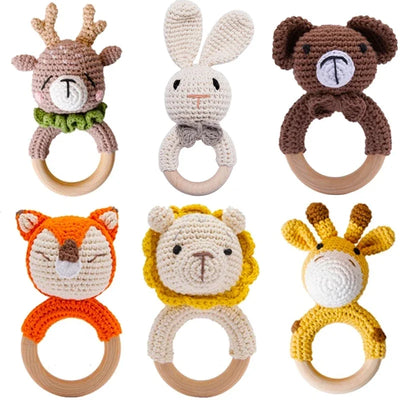 1PC Baby Ratter Toys Wooden Teether Crochet Animals BPA Free Rattle Toy Newborn Amigurumi Teether Baby Rattles Gifts for Newborn