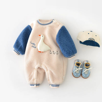 New Winter Baby Rompers 3-24M Cartoon Duck Toddler Girls Thicken Jumpsuit Cute Color Blocking Loose Infant One Piece